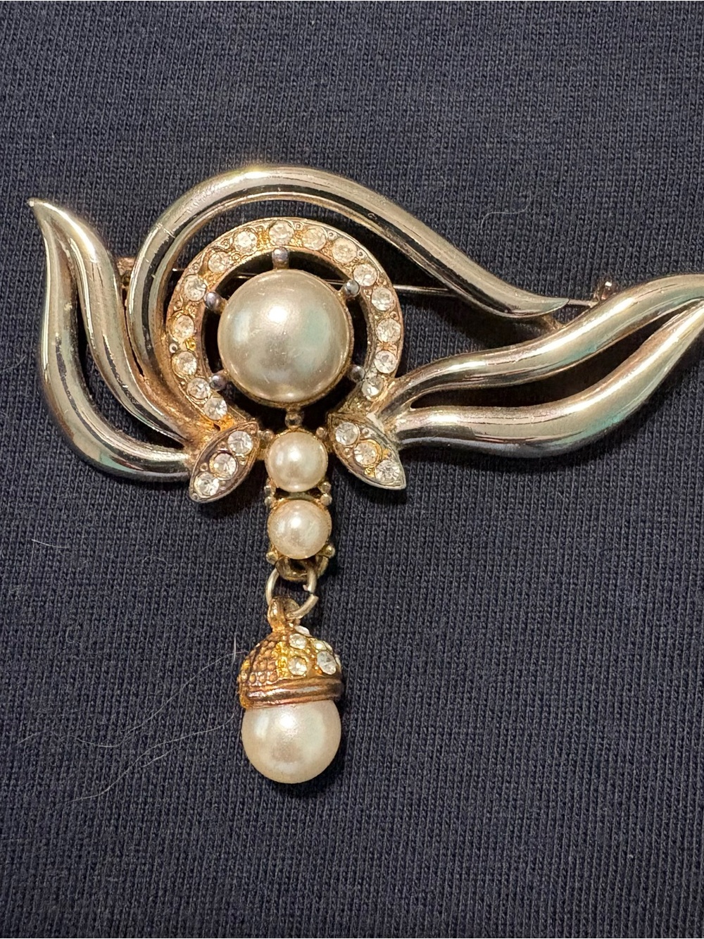 Vintage Faux Pearl Rhinestone Brooch Dangle Drop Two Tone Statement Pin